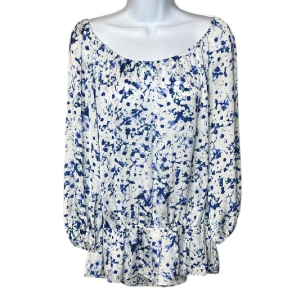 Vince Camuto - Blue and White Floral Off The Shoulder Satin Blouse - Size L